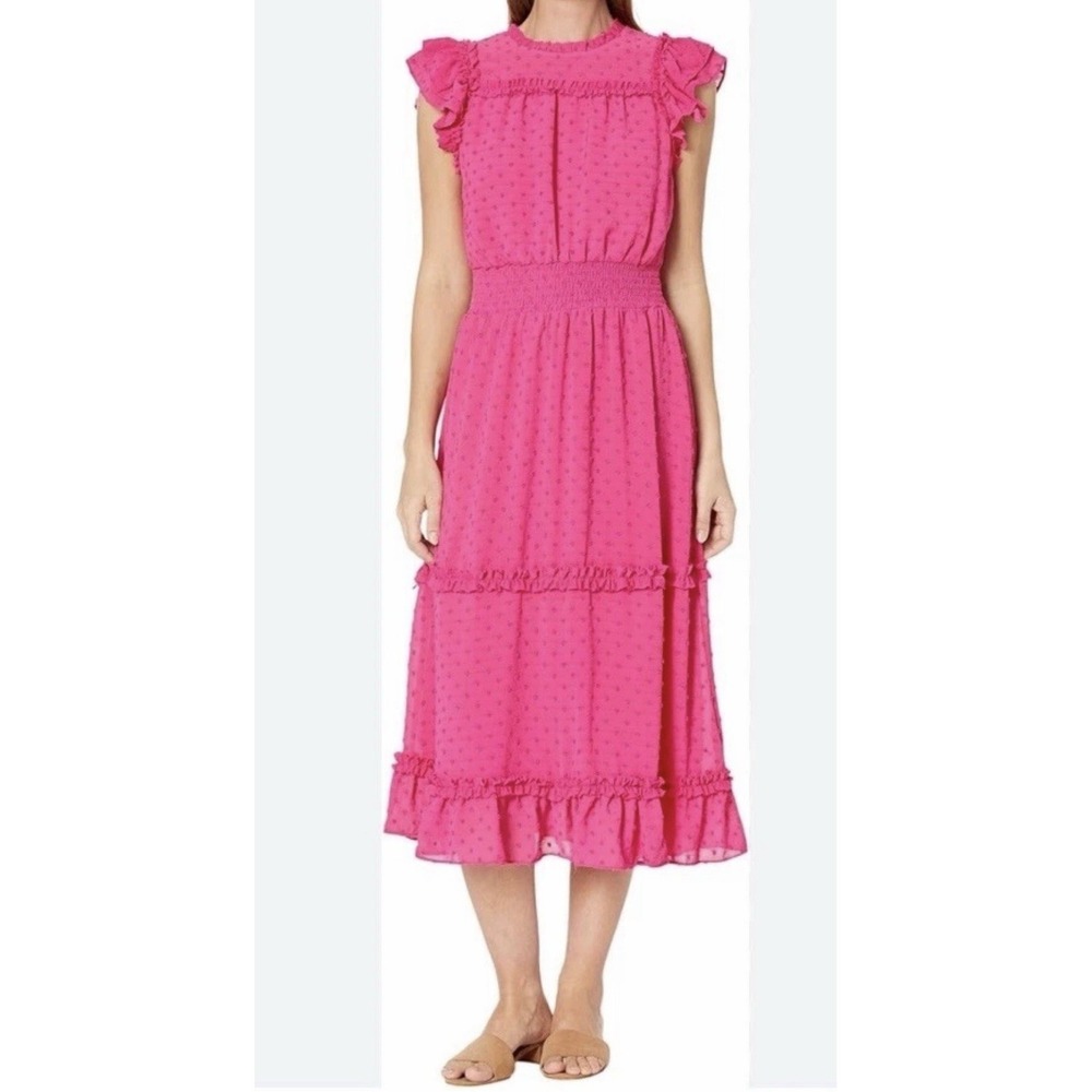 Cece Women's Bright Pink Swiss Dot Maxi Dress Ruffle Size XS New $129